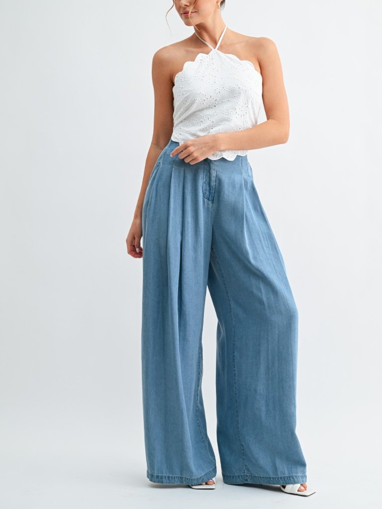 Nwt 100% Lyocell / Cotton Blue Pleated Wide Leg Flowy Trouser Pants Elastic Band